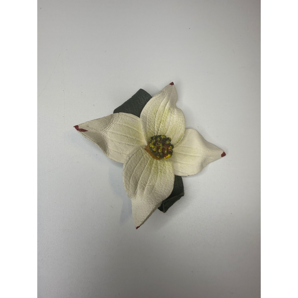 Handmade Leather Dogwood Flower Brooch Pin Off White Red Tipped Floral Accessory